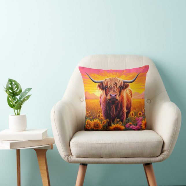 Highland Cow in Sunflowers at Sunrise Cushion (Chair)