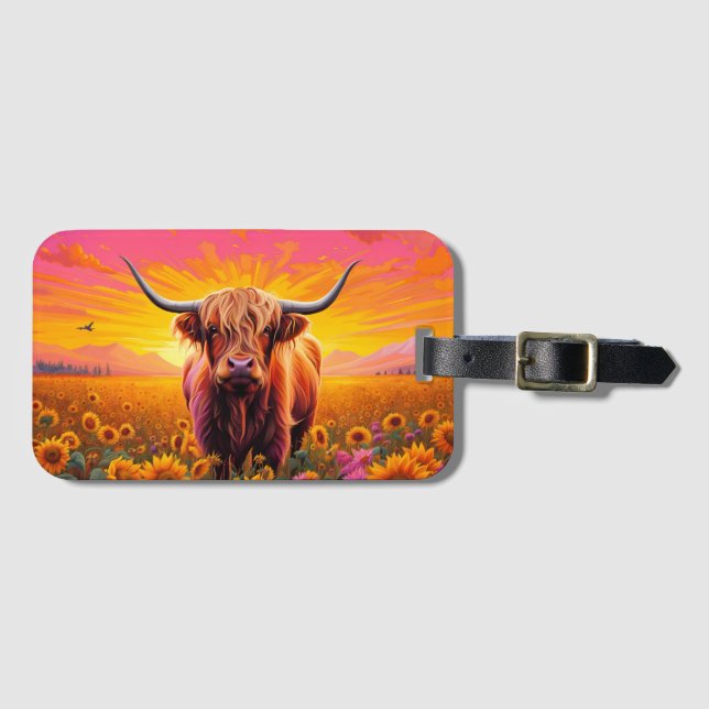 Highland Cow in Sunflowers at Sunrise Luggage Tag (Front Horizontal)