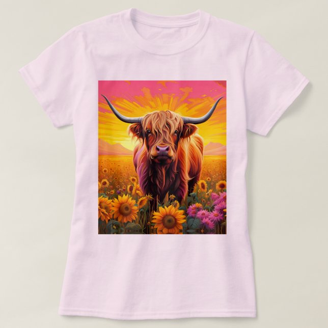 Highland Cow in Sunflowers at Sunrise T-Shirt (Design Front)