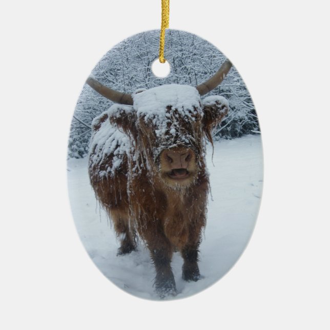 Highland cow in the snow ceramic ornament (Front)