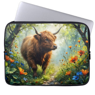 Highland Cow in the wood with wildflowers Laptop Sleeve