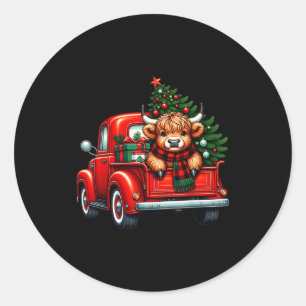 Highland Cow In Truck Farm Farmer Christmas Cow Ca Classic Round Sticker