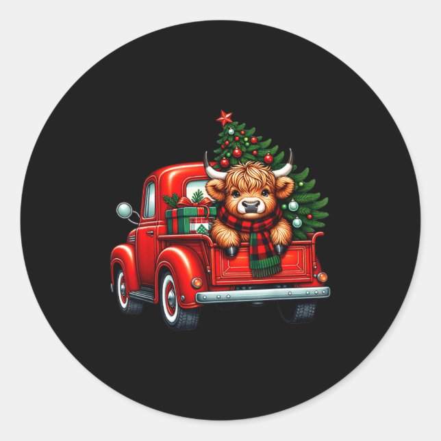Highland Cow In Truck Farm Farmer Christmas Cow Ca Classic Round Sticker (Front)