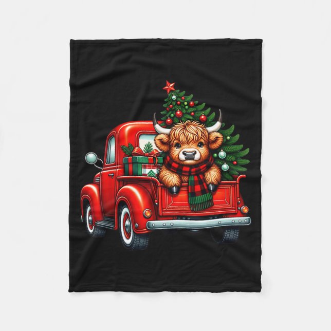 Highland Cow In Truck Farm Farmer Christmas Cow Ca Fleece Blanket (Front)