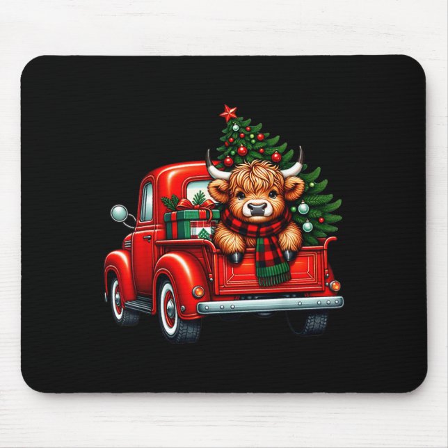 Highland Cow In Truck Farm Farmer Christmas Cow Ca Mouse Pad (Front)