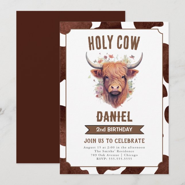 Highland Cow Kids Birthday Party Invitation (Front/Back)