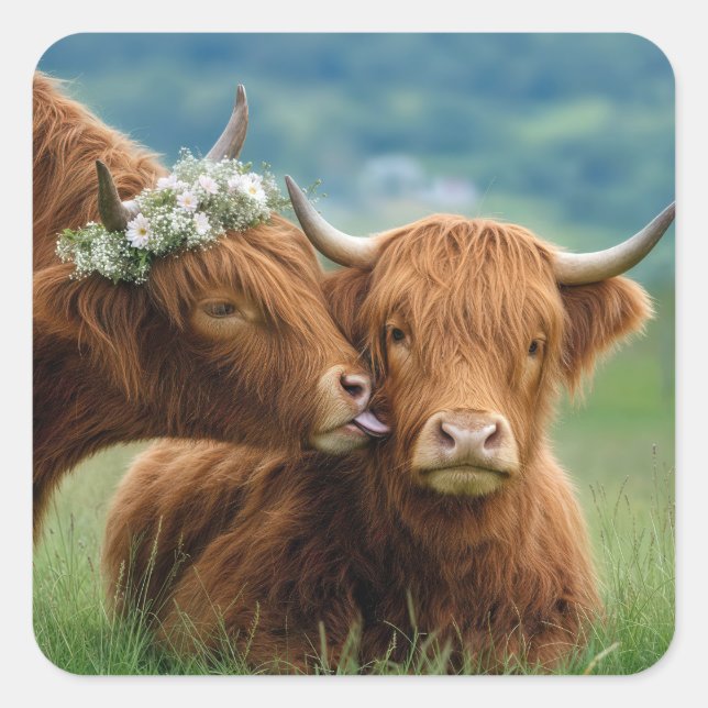 Highland Cow Kiss Square Sticker (Front)
