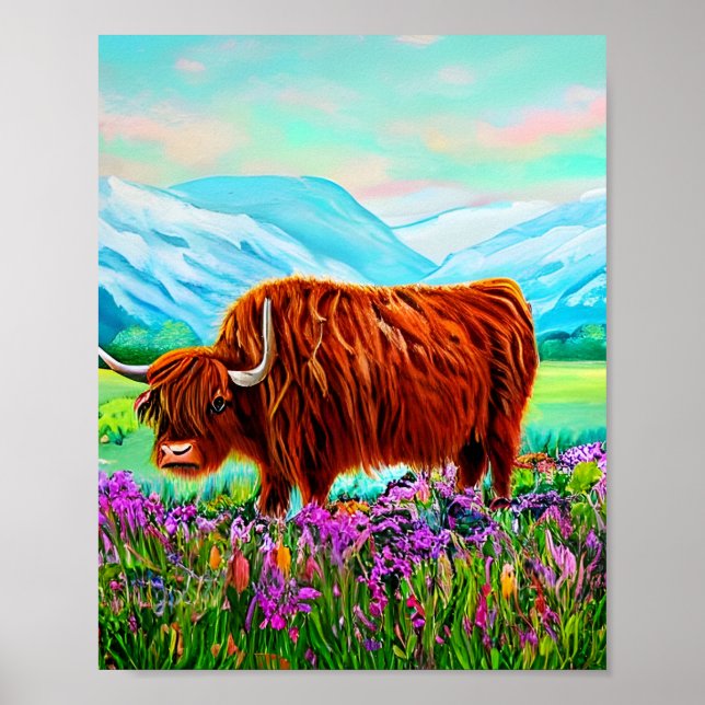 Highland Cow Landscape Painting  Poster (Front)