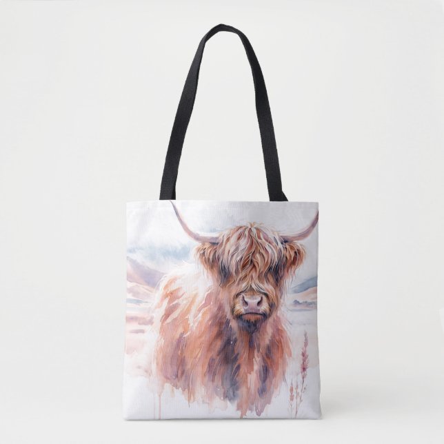 Highland Cow Landscape Watercolor  Tote Bag (Front)