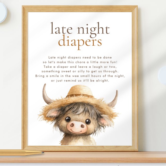 Highland Cow late Night Diapers Baby Shower Poster (Creator Uploaded)