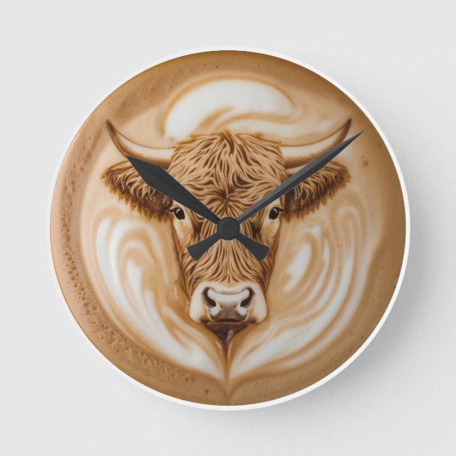 Highland Cow Latte Art Round Wall Clock | Quirky S (Front)