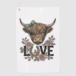 Highland Cow Love Vintage Floral Horseshoe Art Golf Towel