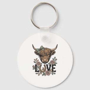 Highland Cow Love Vintage Floral Horseshoe Art Key Ring