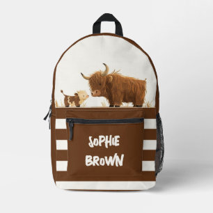 Highland Cow Mama& Calf Rustic Brown Custom Name Printed Backpack