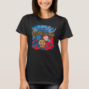Highland Cow Merica 4th July Heifer Us Flag Wester T-Shirt