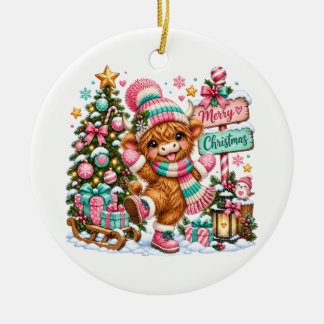 Highland Cow Merry Christmas Ceramic Tree Decoration