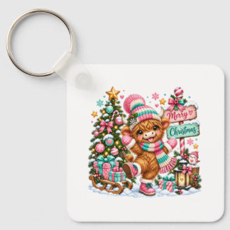 Highland Cow Merry Christmas Key Ring