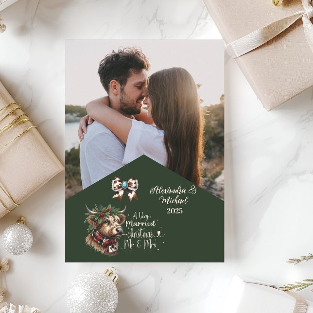 Highland Cow Merry Christmas Mrs and Mr  Photo  Holiday Card (Creator Uploaded)
