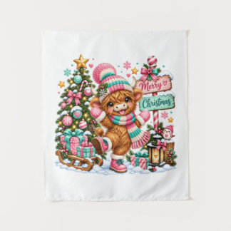 Highland Cow Merry Christmas Tapestry