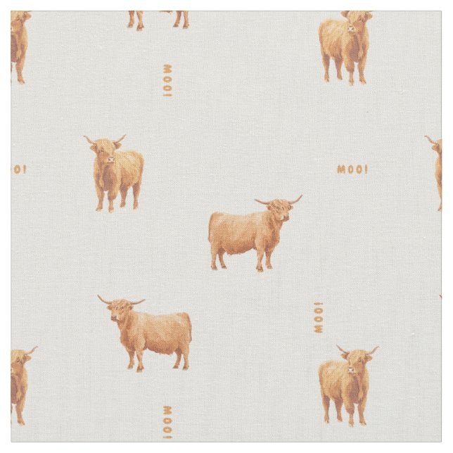 Highland Cow Moo - linen Fabric (Close Up)