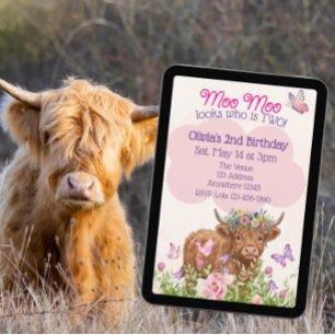 Highland Cow Moo Moo Two 2nd Birthday Invitation
