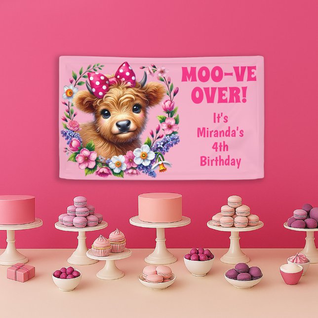 Highland Cow Moo-ve Over 4th Birthday Banner (Cute Highland Cow child's birthday party banner)