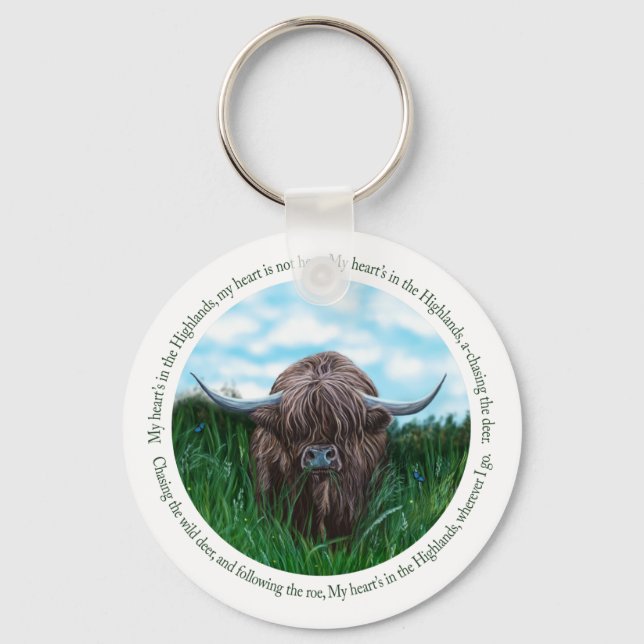Highland Cow, My Heart's In The Highlands Key Ring (Front)