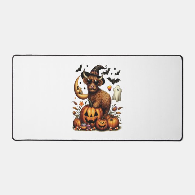 Highland Cow on Pumpkin Halloween Desk Mat (Front)