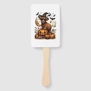 Highland Cow on Pumpkin Halloween Hand Fan