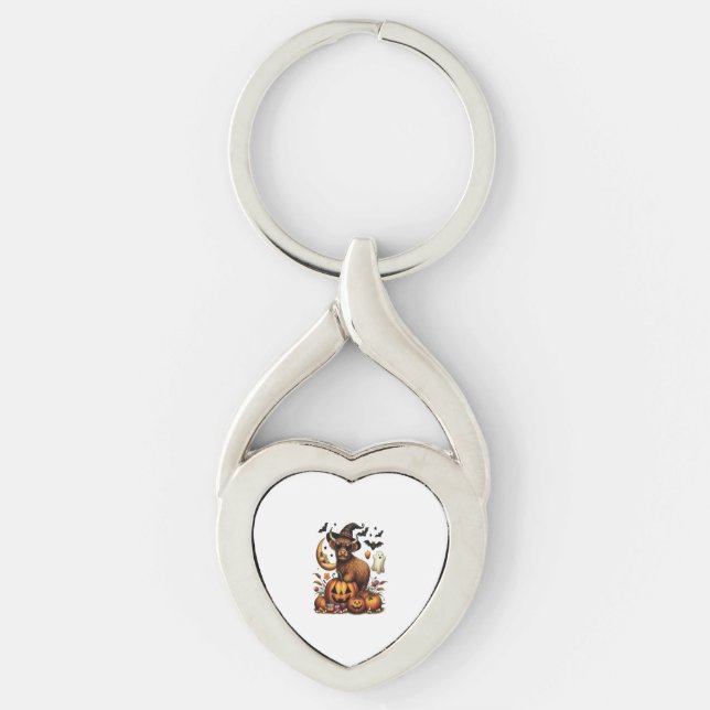 Highland Cow on Pumpkin Halloween Key Ring (Front)