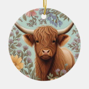 Highland Cow Pastel William Morris Inspired Floral Ceramic Tree Decoration