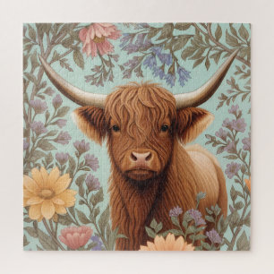 Highland Cow Pastel William Morris Inspired Floral Jigsaw Puzzle