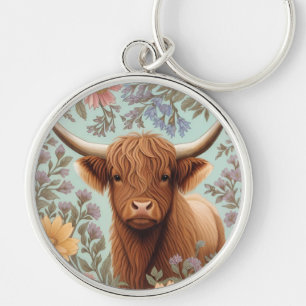Highland Cow Pastel William Morris Inspired Floral Key Ring