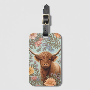 Highland Cow Pastel William Morris Inspired Floral Luggage Tag