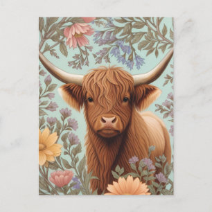 Highland Cow Pastel William Morris Inspired Floral Postcard