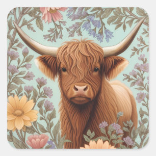 Highland Cow Pastel William Morris Inspired Floral Square Sticker
