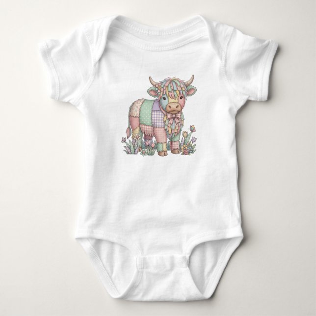 Highland Cow Patchwork Pastel Floral Gingham Baby Bodysuit (Front)