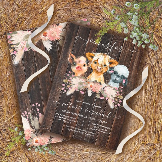 Highland Cow, Pig, Lamb Baby Shower Wildflower Invitation (Creator Uploaded)