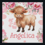 Highland Cow Pink Boho Floral  Faux Canvas Print<br><div class="desc">Personalised kids room highland Cow Pink floral wall decor.</div>