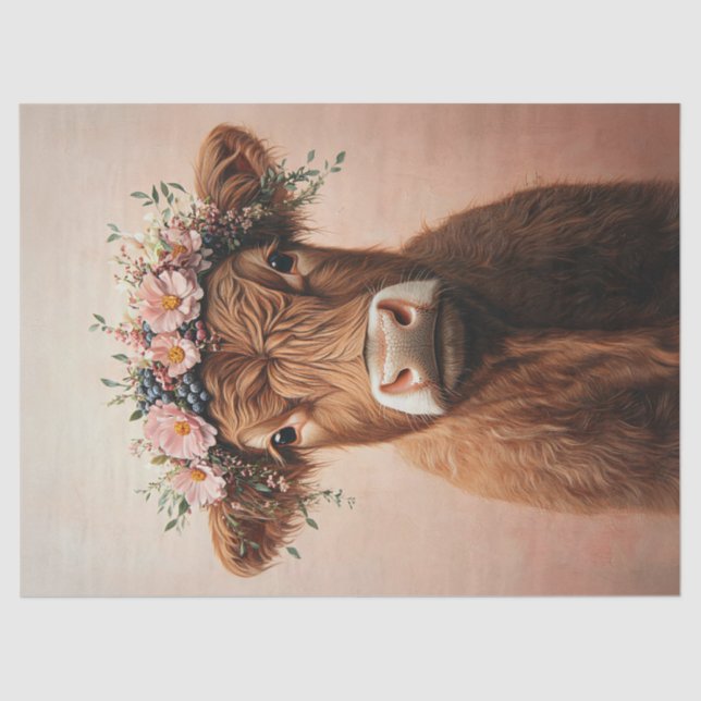 Highland Cow Pink Flower Crown Decoupage Tissue Paper (Front)