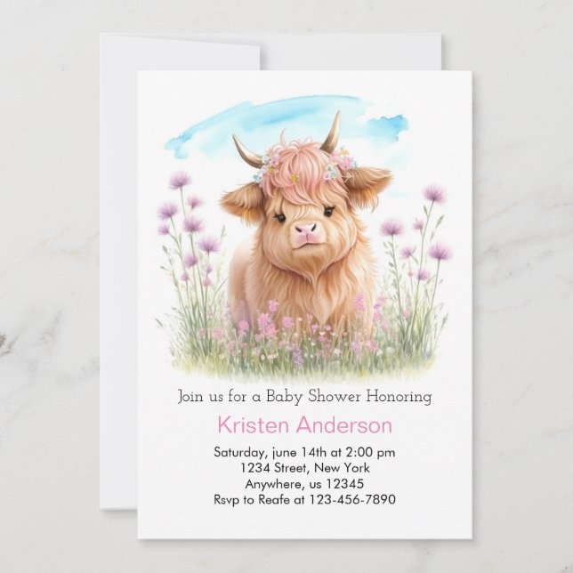 Highland Cow Pink Meadow Girl Baby Shower Invitation (Front)