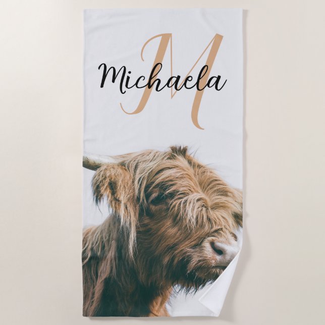 Highland cow portrait custom name initial monogram beach towel (Front)