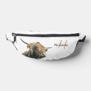 Highland cow portrait custom name initial monogram bum bags