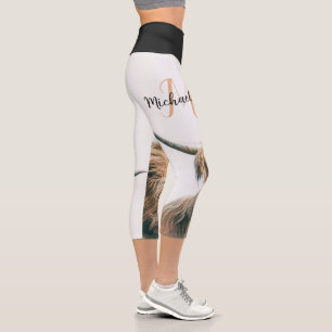 Highland cow portrait custom name initial monogram capri leggings