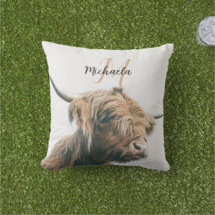 Highland cow portrait custom name initial monogram cushion