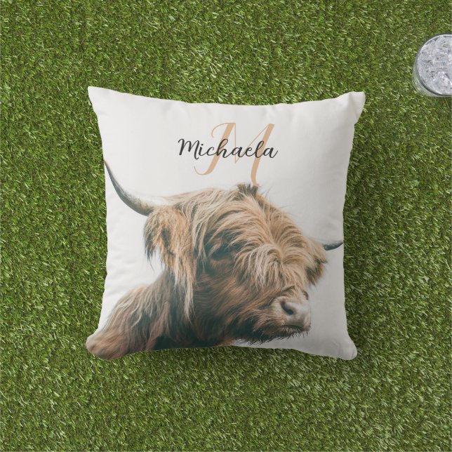 Highland cow portrait custom name initial monogram cushion (Grass)