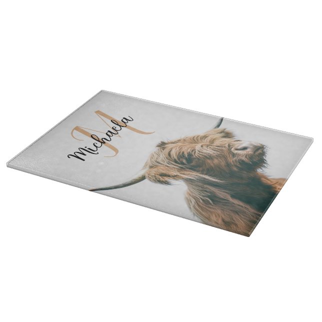 Highland cow portrait custom name initial monogram cutting board (Corner)