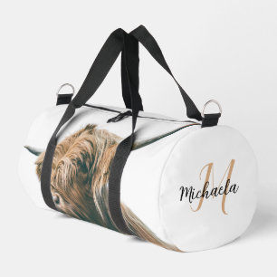 Highland cow portrait custom name initial monogram duffle bag