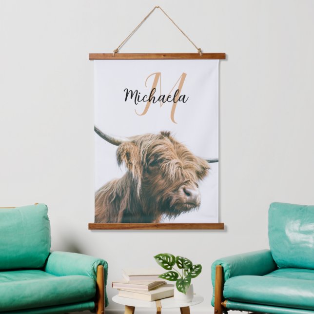 Highland cow portrait custom name initial monogram hanging tapestry (Living Room)