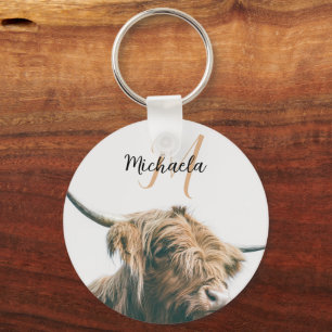 Highland cow portrait custom name initial monogram key ring